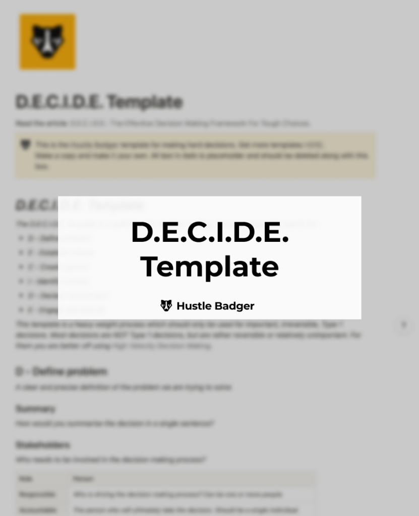 Notion template for D.E.C.I.D.E. decision making framework