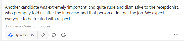 Quora comment about candidate and receptionist