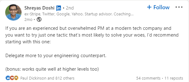 Shreyas Doshi Linkedin Post on delegation