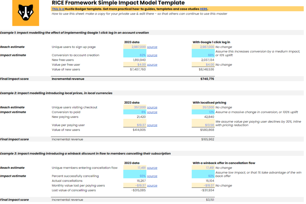 RICE Framework: Simple Impact Model template in excel