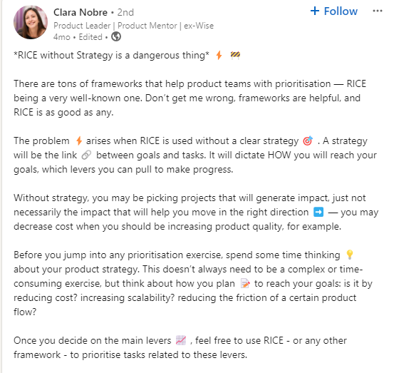 Clara Nobre Linkedin quote about downsides of RICE without strategy