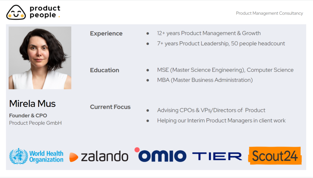 Mirela Mus Introduction Slide: showing experience, education and her current focus