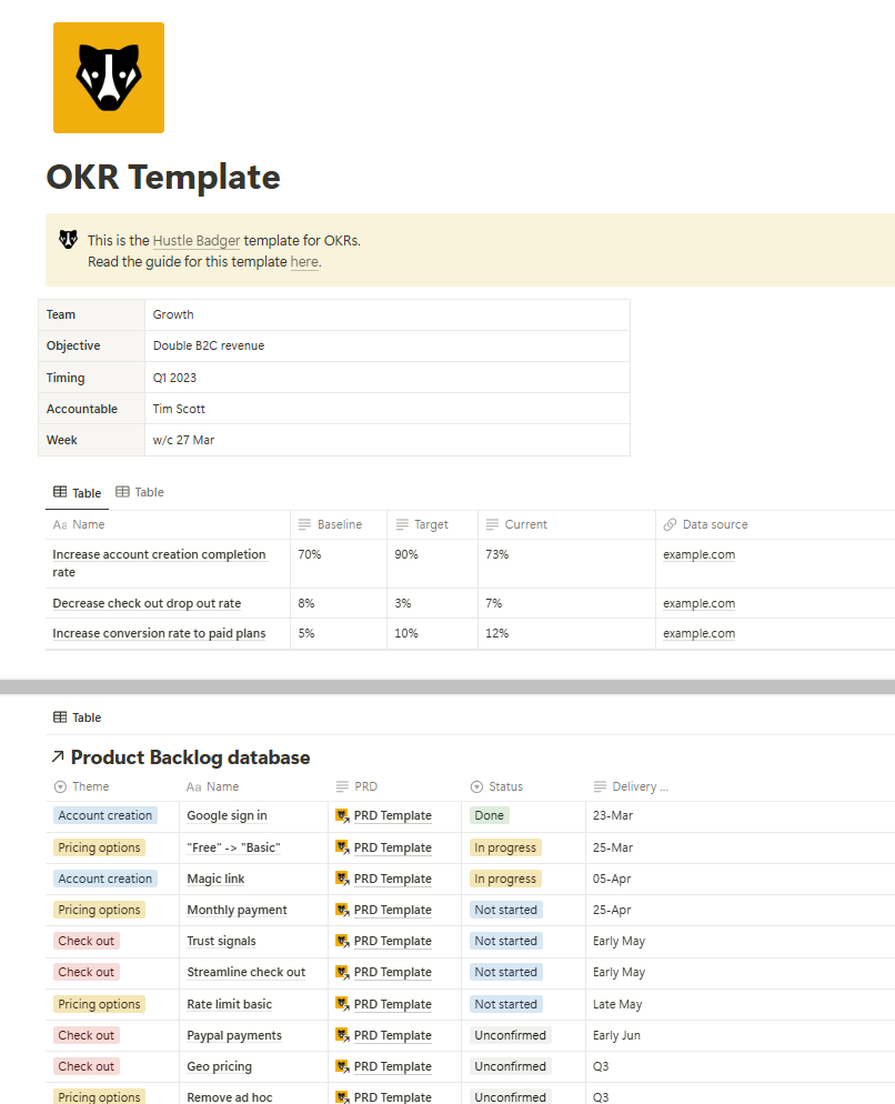 Hustle Badger OKR template in Notion