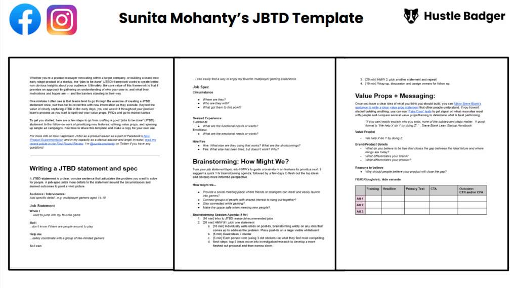 Meta's job to be done template | one of 10 Jobs to be Done examples featured in a Hustle Badger article